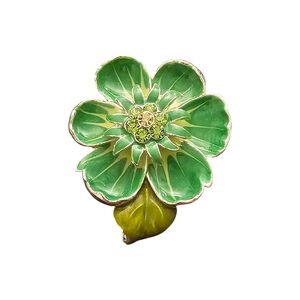 Vintage  green enamel flower brooch central cluster of lime green rhinestones.